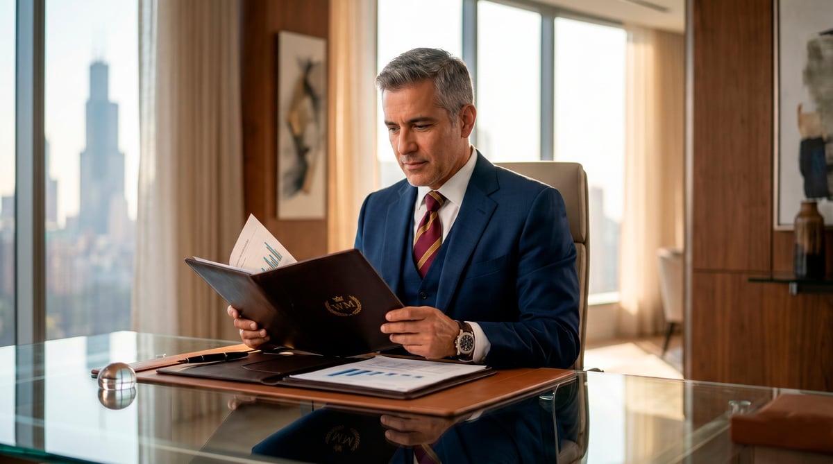 Middle-aged businessman in dark suit and red tie reviewing documents at desk in modern office with city skyline view